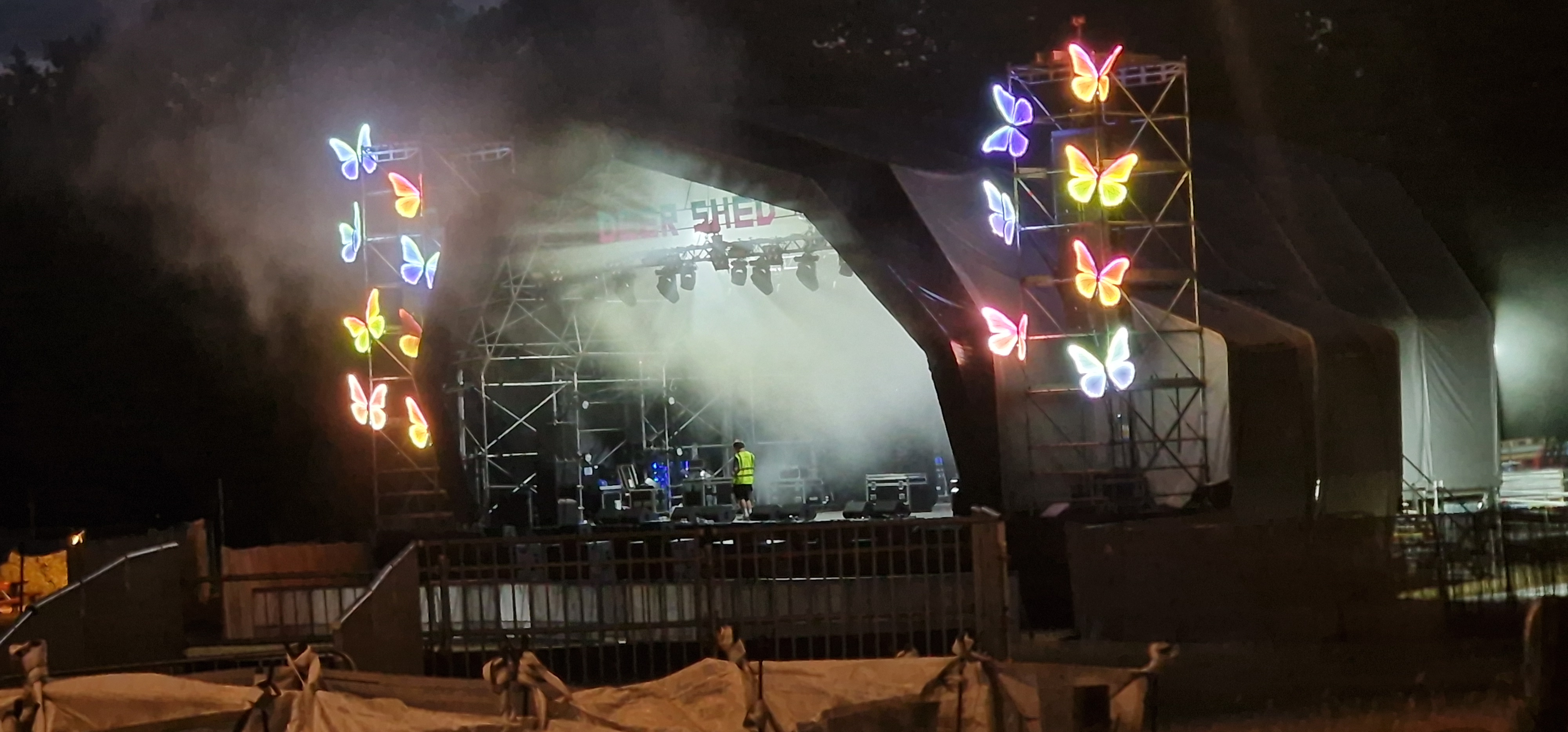 Deershed stage butterfly decorations and moving heads during evening pre-check